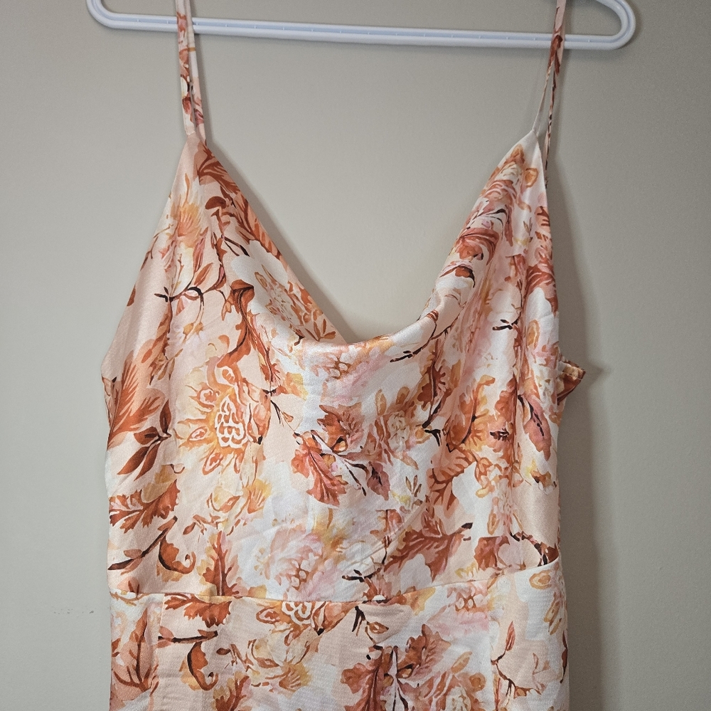 Satin Cowl Neck Spagetti Strap Floral Midi Dress - Orange, Cream-  New with Tags